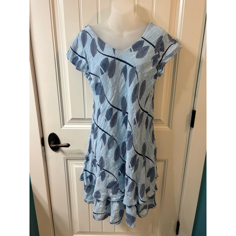 Women's Cherish Cotton Light Blue Navy Blue Leaf Print Dress M made in Italy